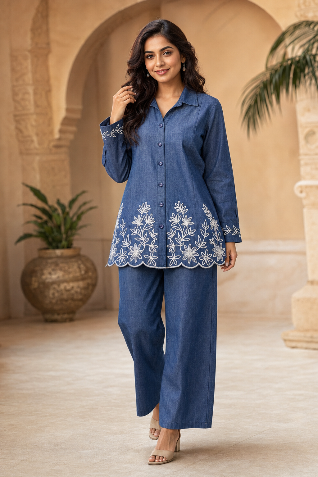 Denim Blue Floral Embroidered Co-ord Set