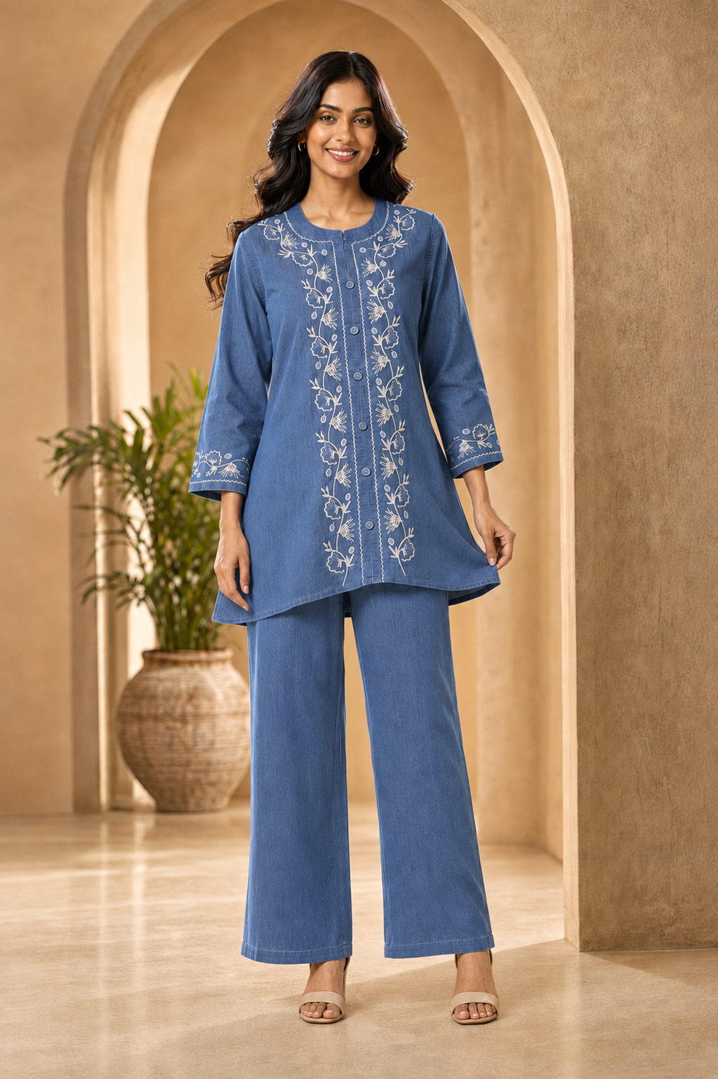 Denim Blue Floral Embroidered Co-ord Set