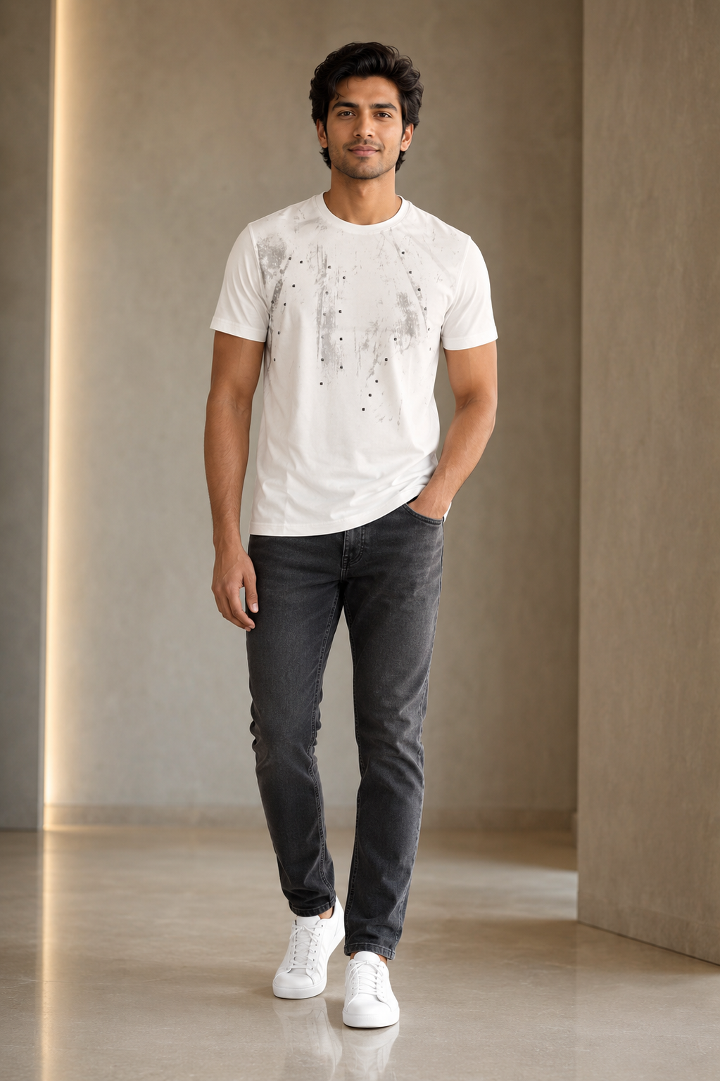 Title: Men’s White Abstract Printed Round-Neck T-Shirt
