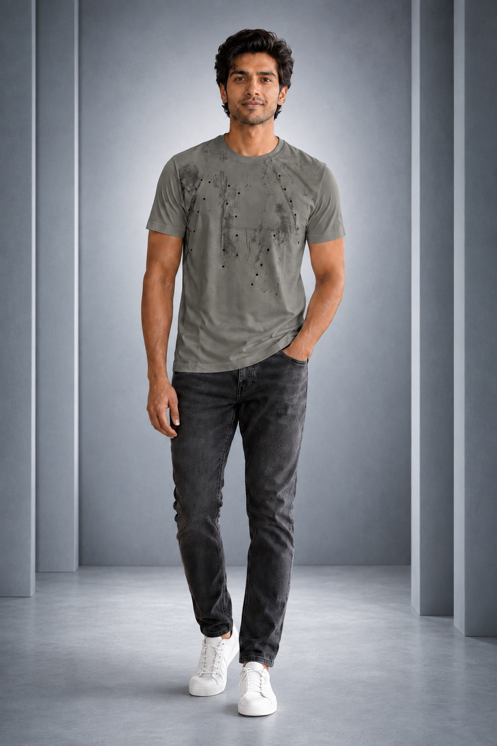 Men’s Grey Abstract Printed Round-Neck T-Shirt