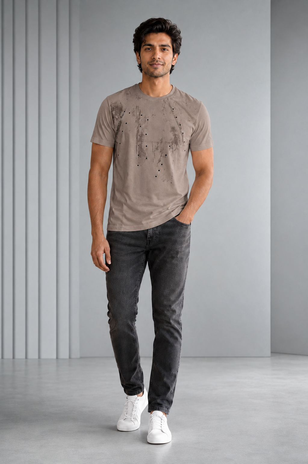 Men’s Taupe Abstract Printed Round-Neck T-Shirt