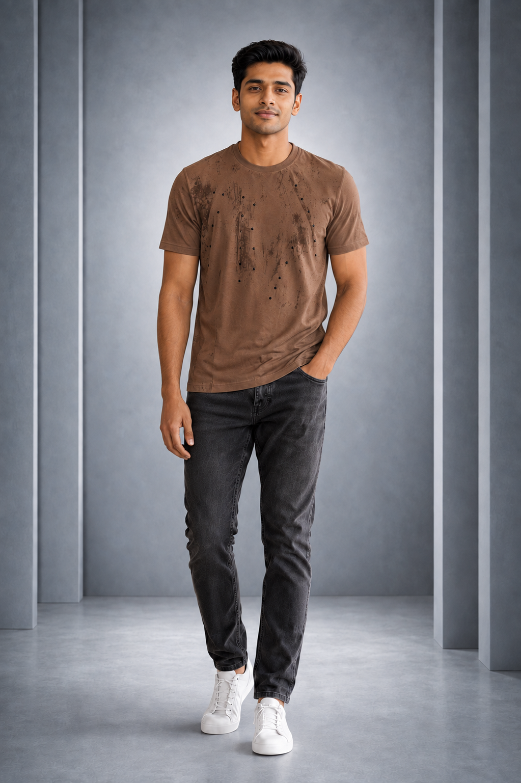 Men’s Brown Abstract Printed Round-Neck T-Shirt