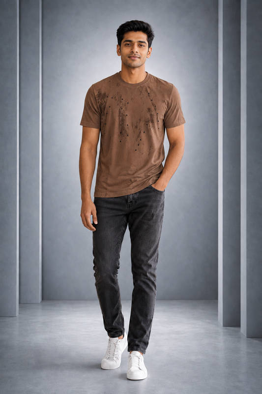 Men’s Brown Abstract Printed Round-Neck T-Shirt