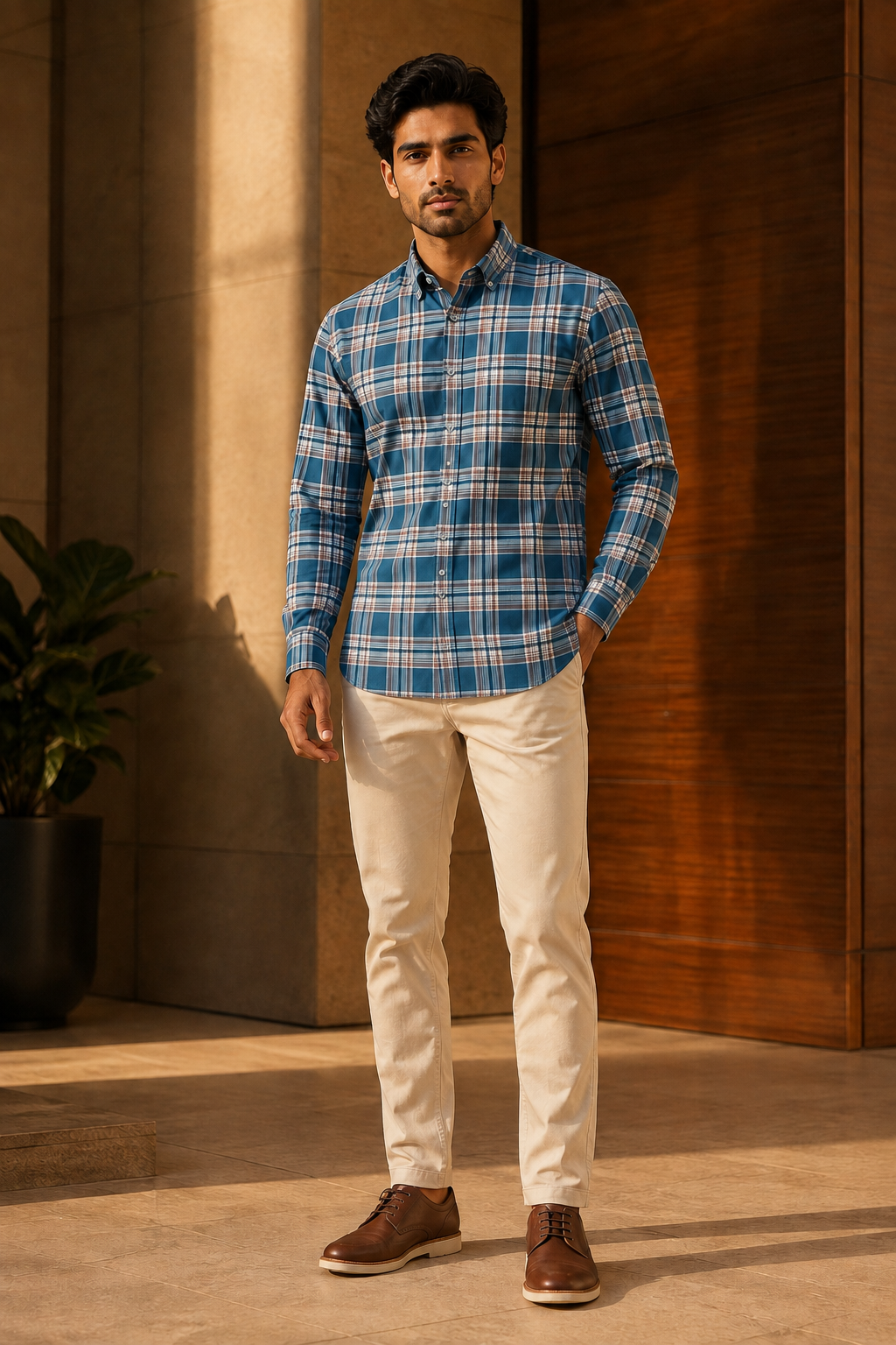 Classic Teal Blue Checkered Casual Shirt