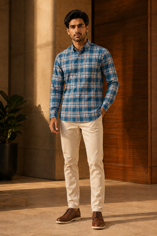 Classic Teal Blue Checkered Casual Shirt
