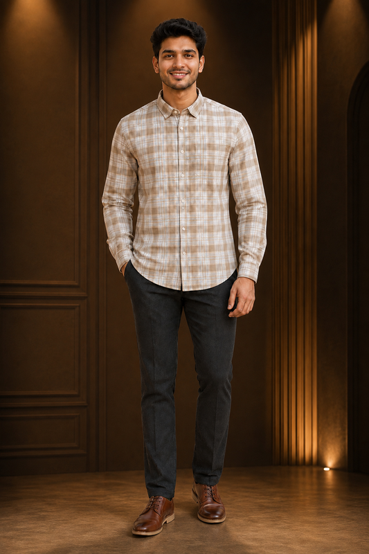 Classic Beige Checkered Casual Shirt