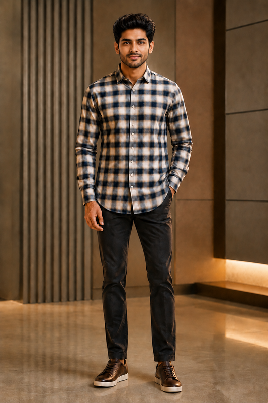 Classic Navy Blue & Beige Checkered Casual Shirt