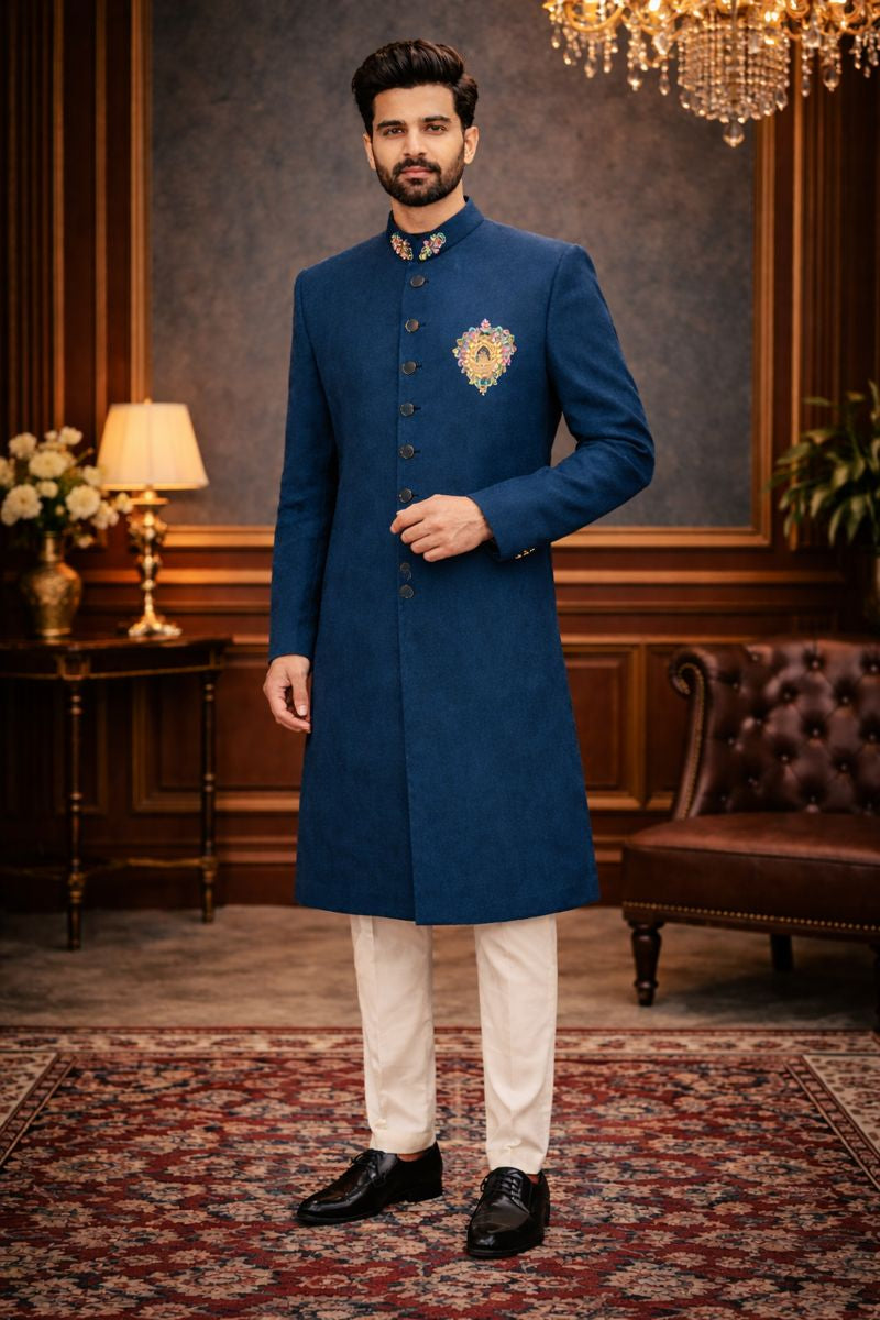 Men's Teal Blue Embroidered Western Nawabi Sherwani