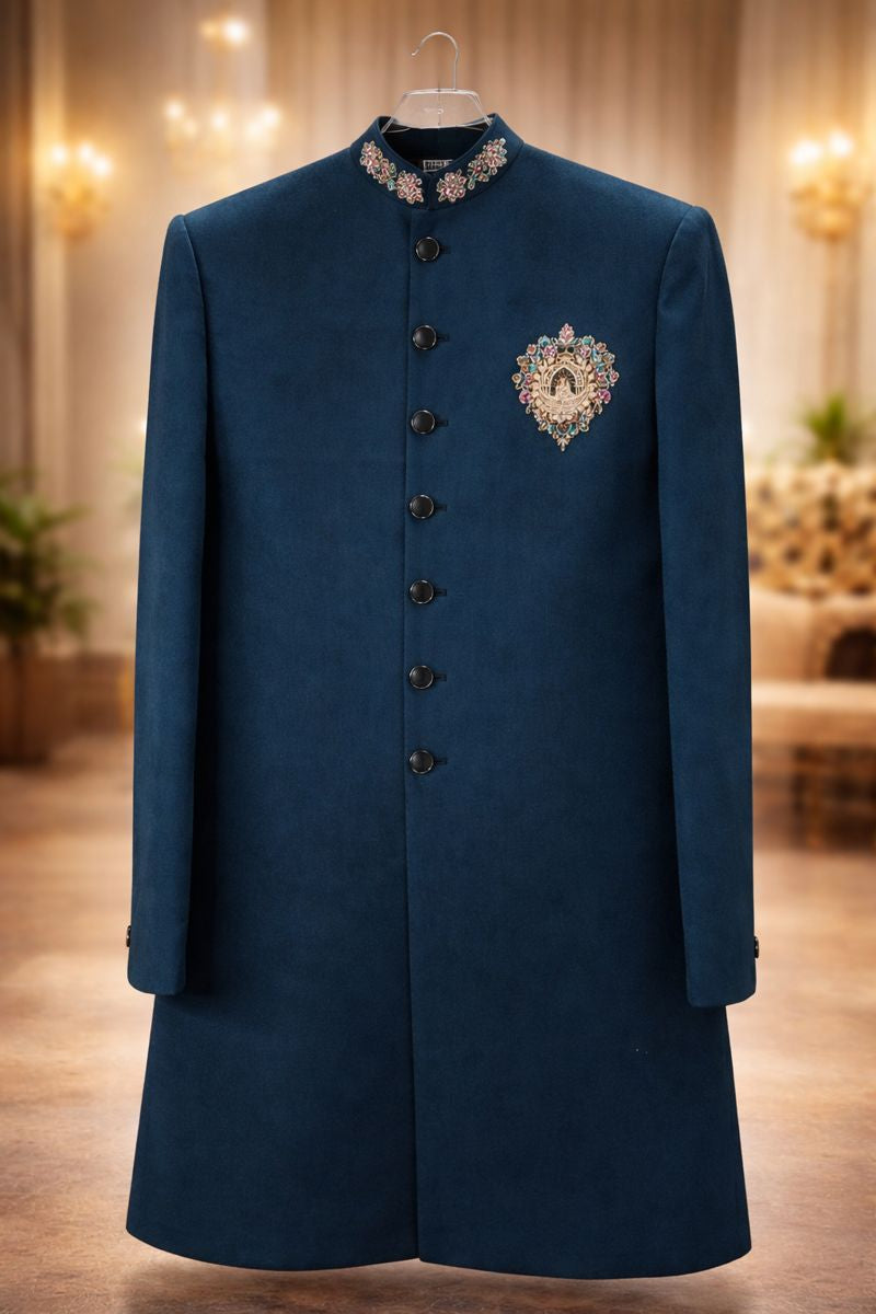 Men's Teal Blue Embroidered Western Nawabi Sherwani