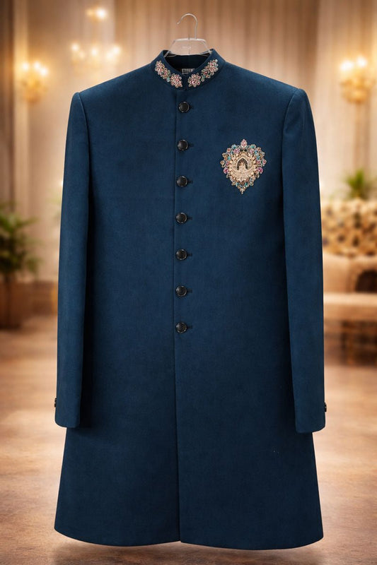 Men's Teal Blue Embroidered Western Nawabi Sherwani