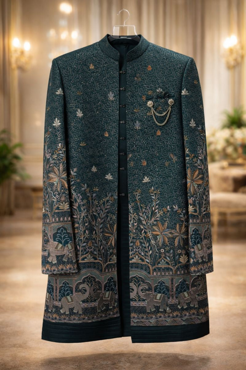 Men’s Teal Green Embroidered Silk Indo-Western