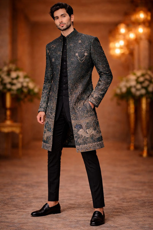 Men’s Midnight Blue Silk Blend Indo-Western Sherwani