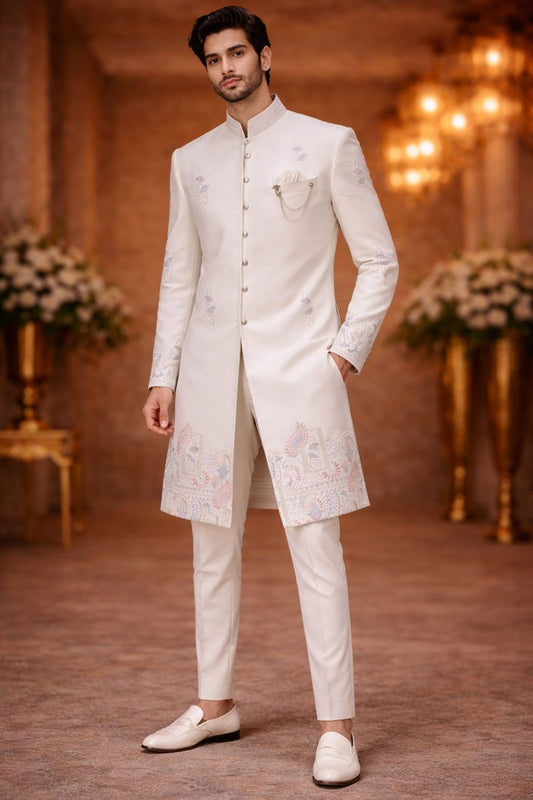 Men’s Pearl White Jacquard Silk Indo-Western