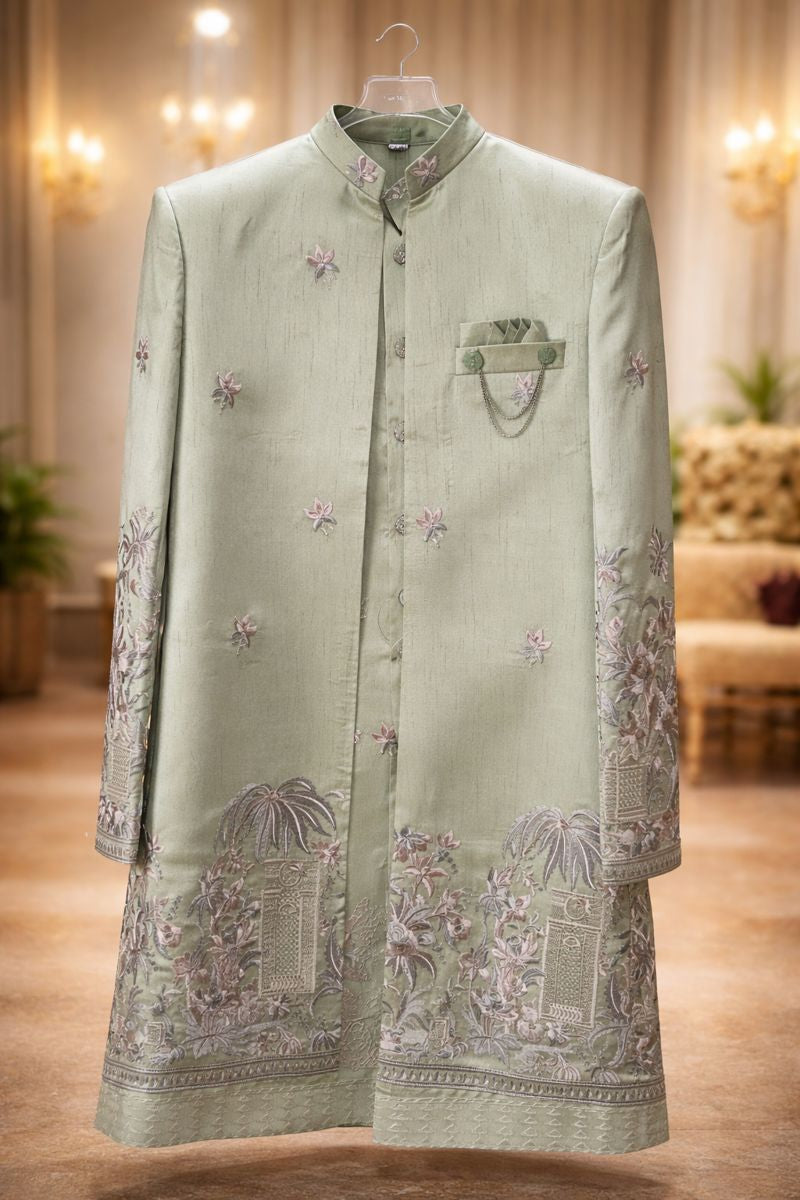 Men’s Mint Green Jacquard Silk Indo-Western Sherwani