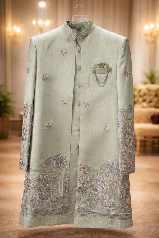 Men’s Mint Green Jacquard Silk Indo-Western Sherwani