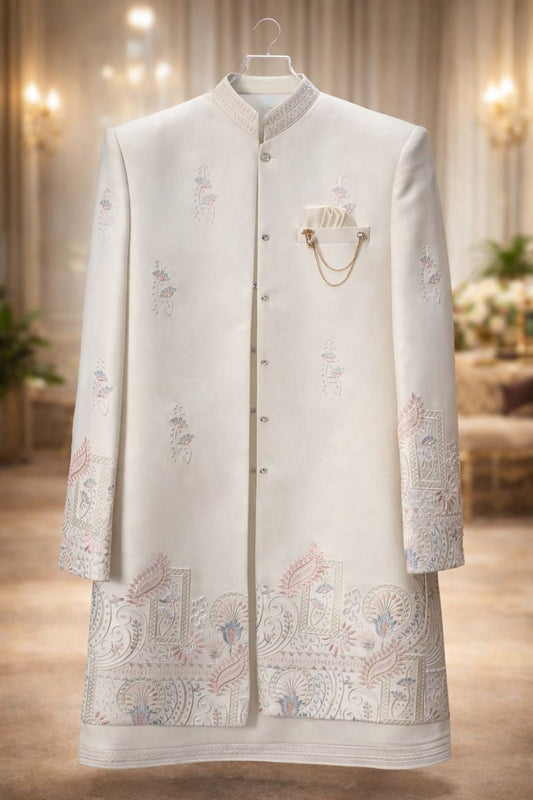 Men’s Pearl White Jacquard Silk Indo-Western