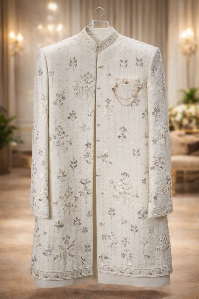 Men’s Off-White Silk Indo-Western Sherwani