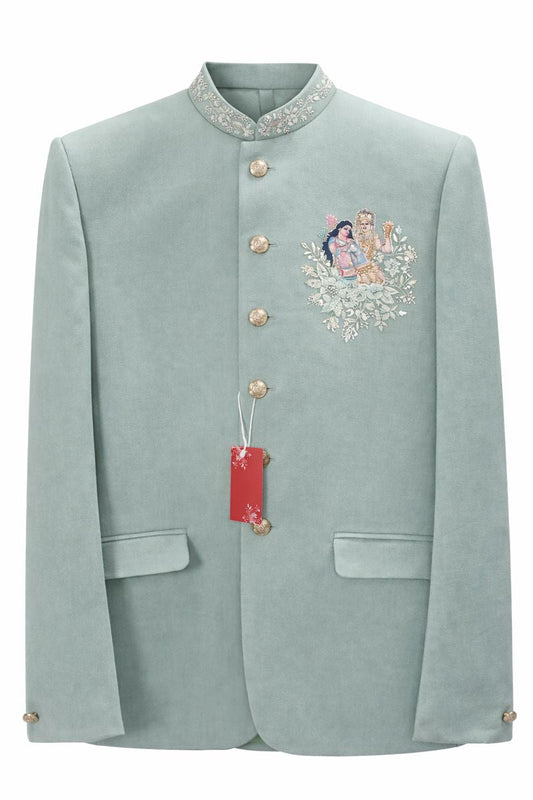 Men’s Mint Green Jacquard Western Jodhpuri Suit