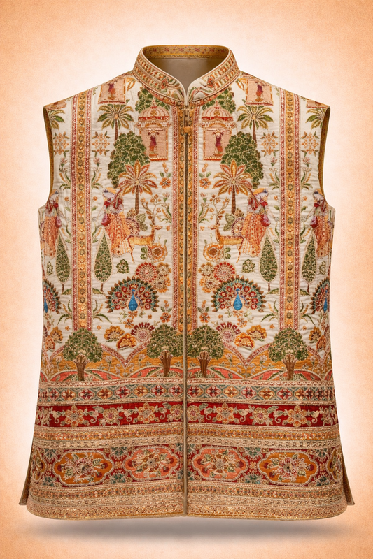 : Men’s Off White Multicolor Royal Scenic Embroidered Ethnic Jacket