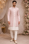 Men Baby Pink Embroidered Ethnic Kurta Jacket Set