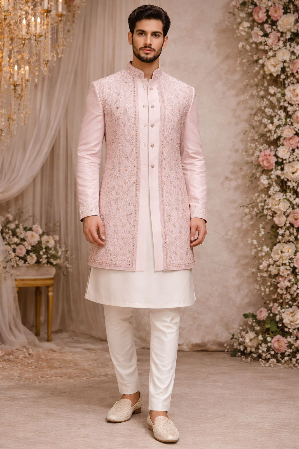 Men Baby Pink Embroidered Ethnic Kurta Jacket Set