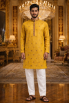 Men Mustard Yellow Self Design Printed Kurta with White Ethnic Pant Set