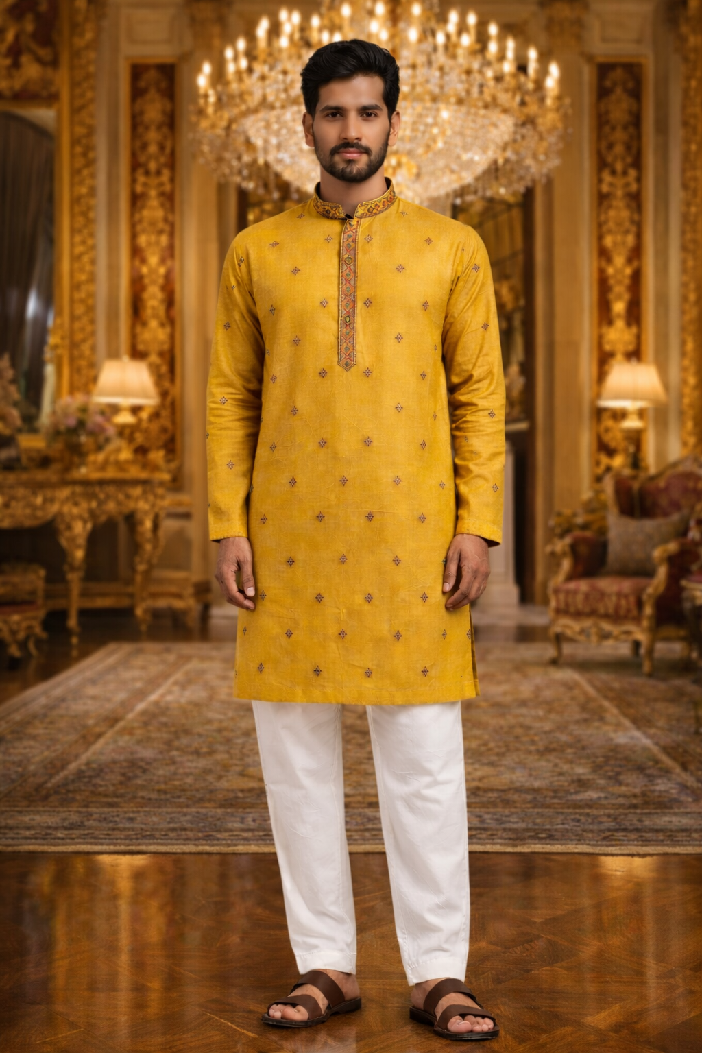 Men Mustard Yellow Self Design Printed Kurta with White Ethnic Pant Set