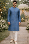 Men Blue Self Design Woven Kurta with White Ethnic Pant Set