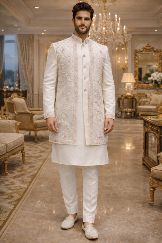 Men White Embroidered Ethnic Kurta Jacket Set