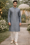 Men Steel Blue Self Design Woven Kurta with White Ethnic Pant Set