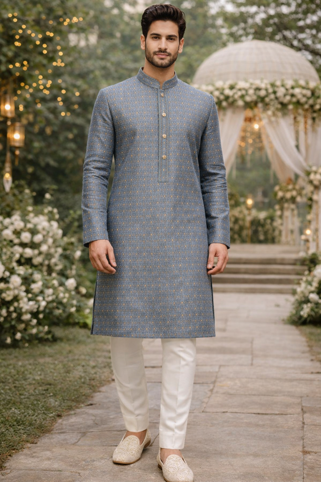 Men Steel Blue Self Design Woven Kurta with White Ethnic Pant Set