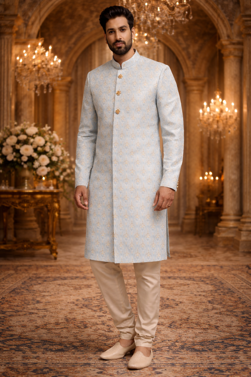 Men Sky Blue & Gold Woven Pattern Kurta with Ethnic Semo Indo