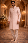 Men Baby Pink & Gold Woven Pattern Kurta with Ethnic Semi Indo
