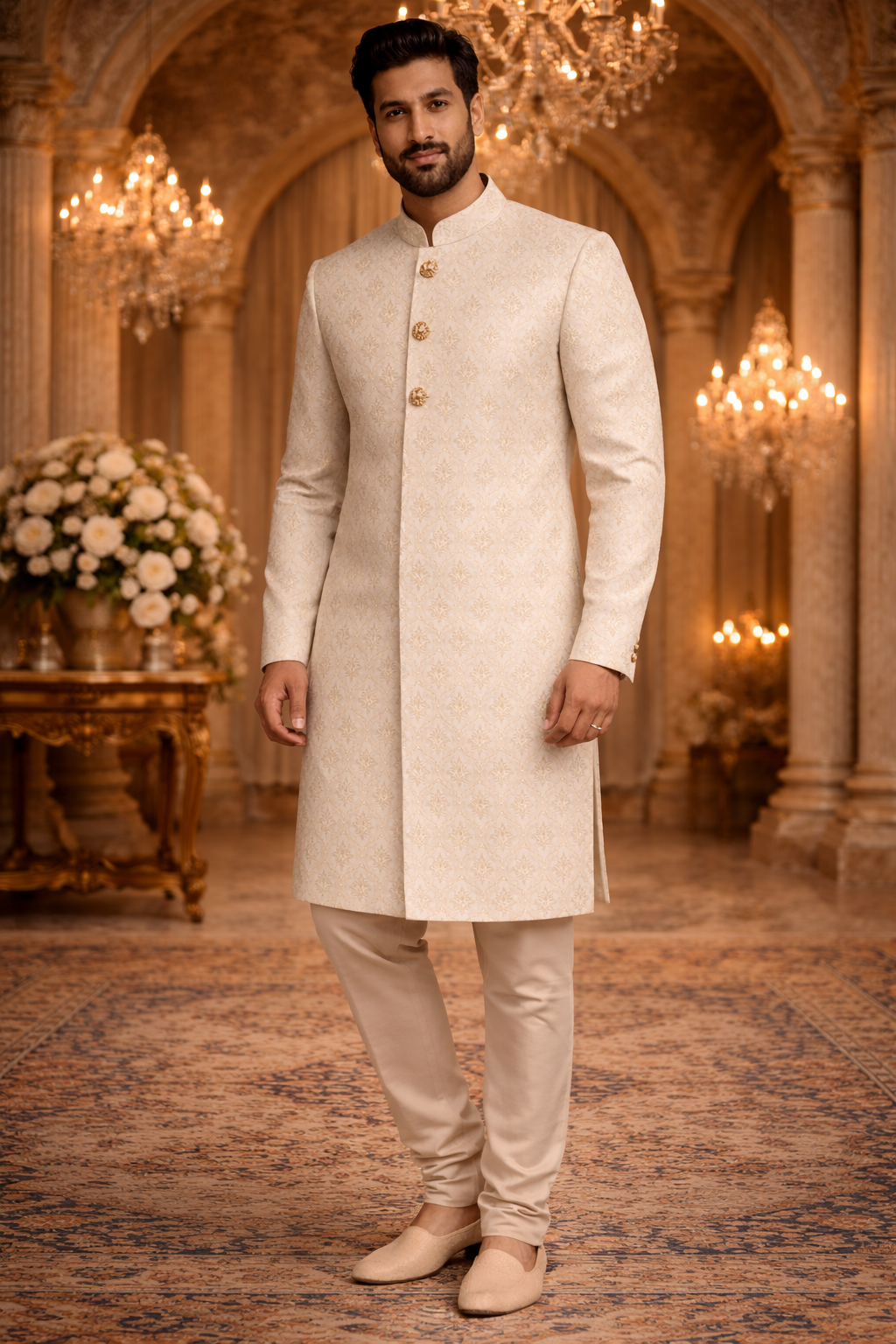 Men Off white & Gold Woven Pattern Kurta with Ethnic Semi Indo
