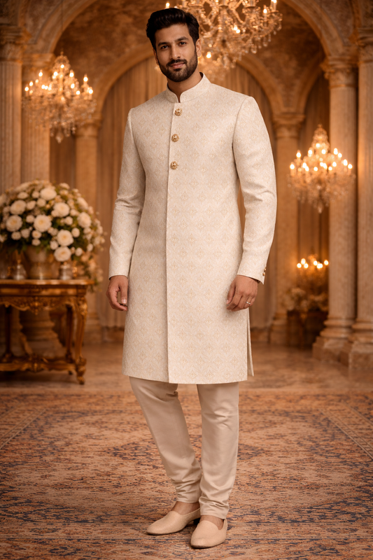 Men Off white & Gold Woven Pattern Kurta with Ethnic Semi Indo