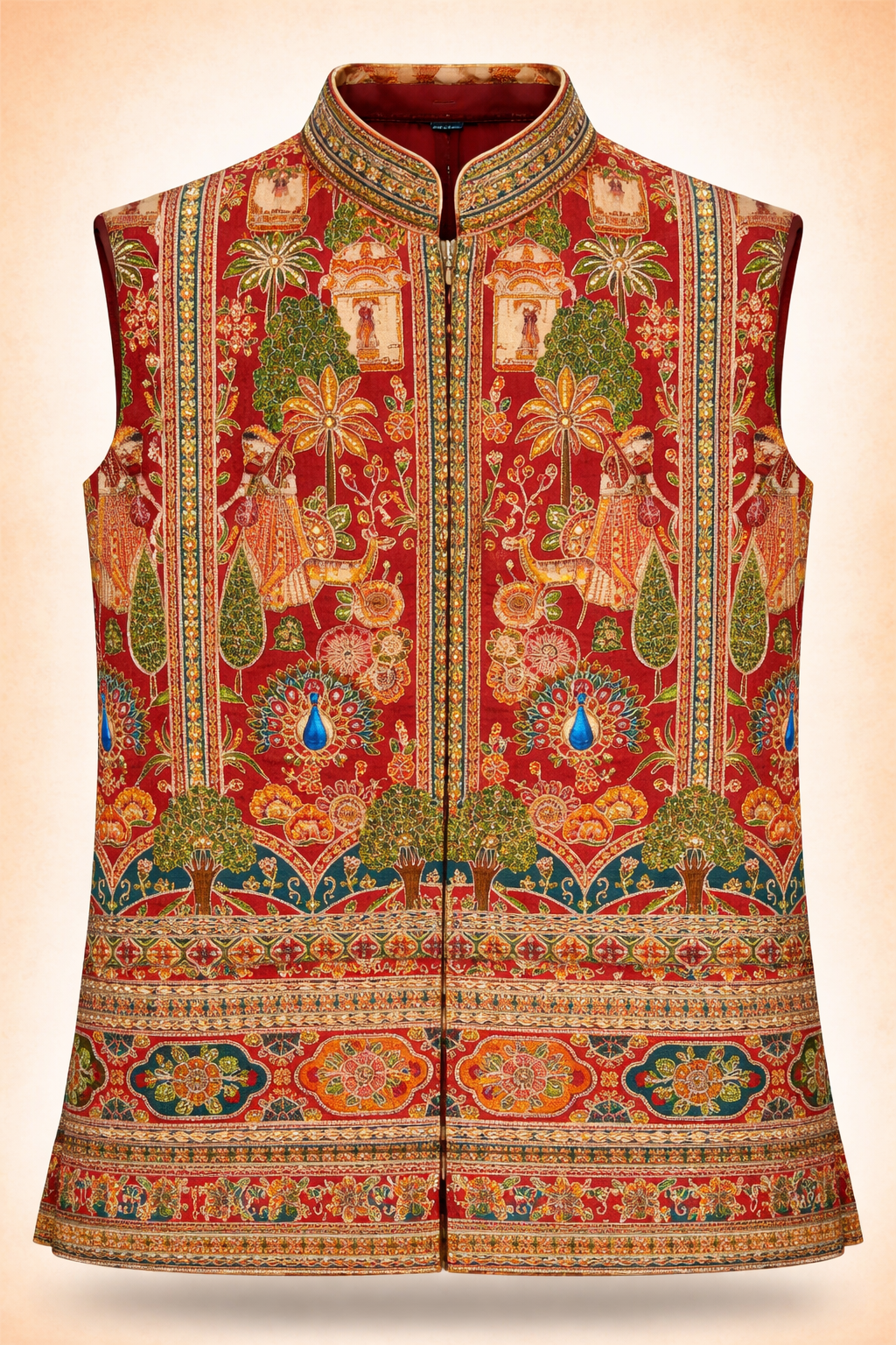 Men’s Red Multicolor Royal Scenic Embroidered Ethnic Jacket