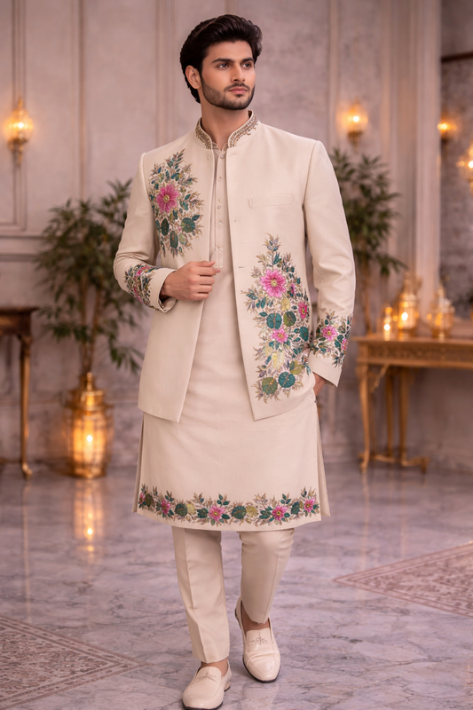 Beige Floral Embroidered Ethnic Jacket Kurta Set