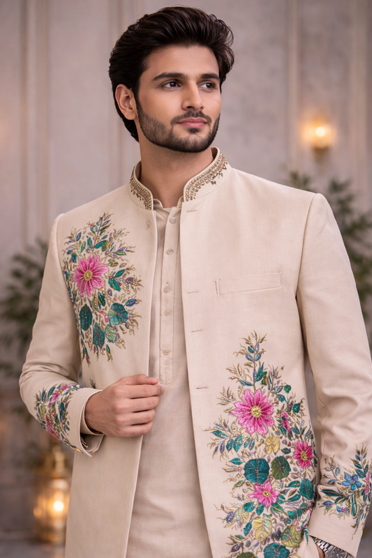 Beige Floral Embroidered Ethnic Jacket Kurta Set