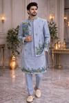 Powder Blue Floral Embroidered Ethnic Jacket Kurta Set