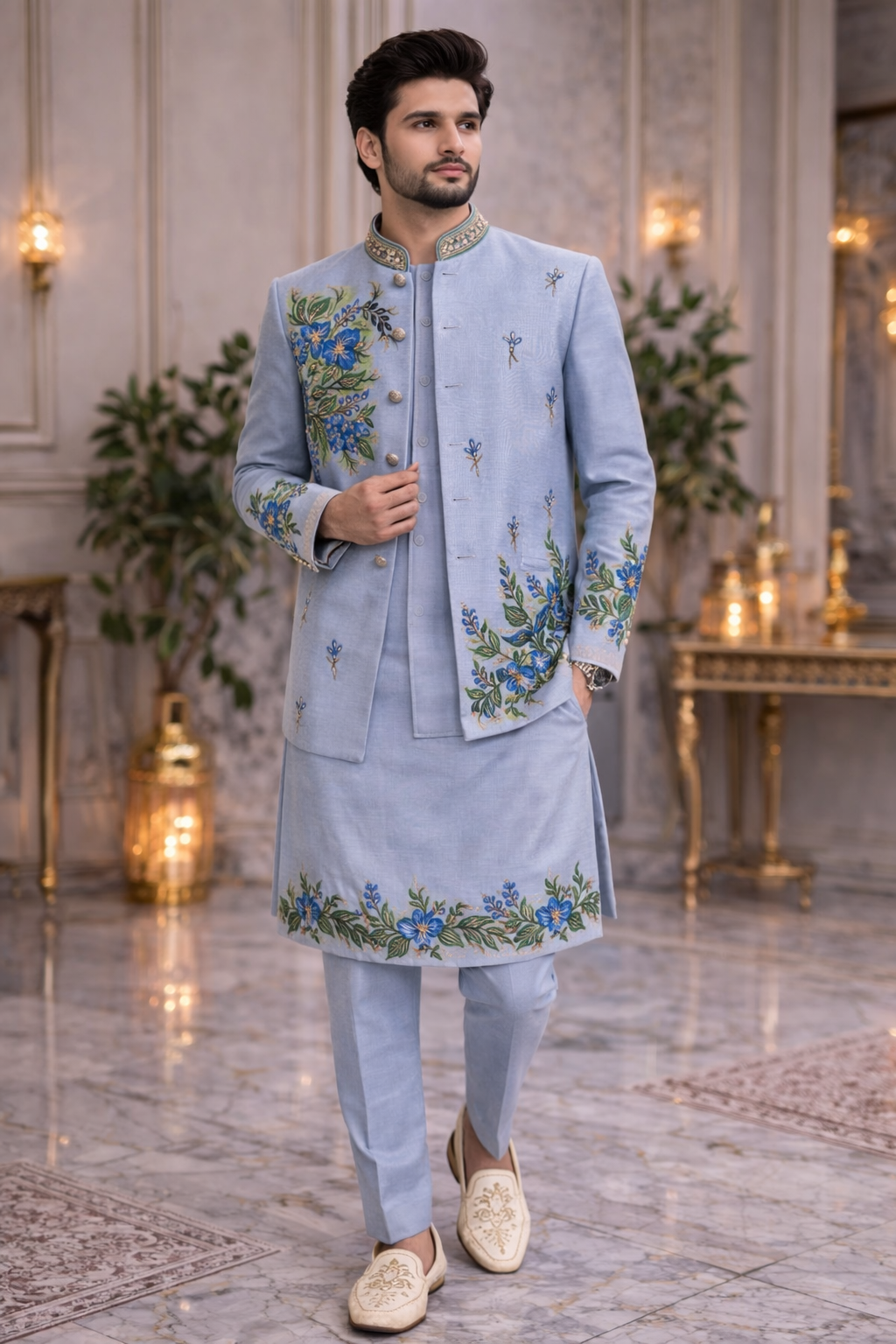 Powder Blue Floral Embroidered Ethnic Jacket Kurta Set