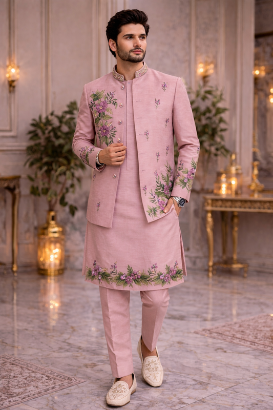 Blush Pink Floral Embroidered Ethnic Jacket Kurta Set