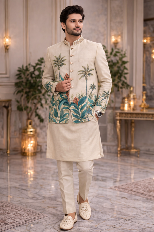 Beige Tropical Palm Print Ethnic Jacket Kurta Set