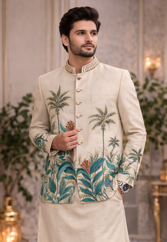 Beige Tropical Palm Print Ethnic Jacket Kurta Set