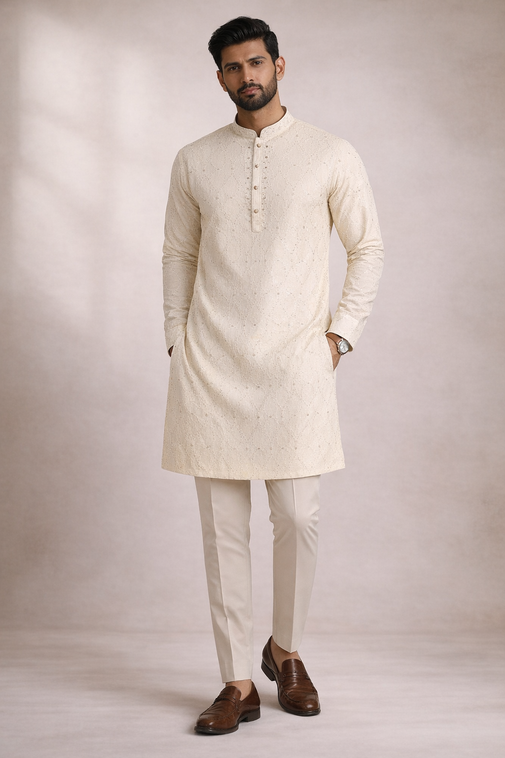 Elegant Off-White Embellished Straight Kurta Set Sequin Embroidered