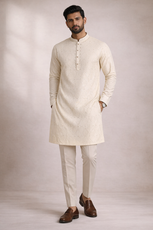Elegant Off-White Embellished Straight Kurta Set Sequin Embroidered