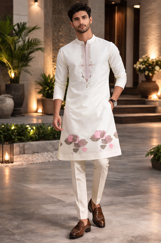 Elegant Ivory Floral Embroidered Straight Salwar Kurta Set
