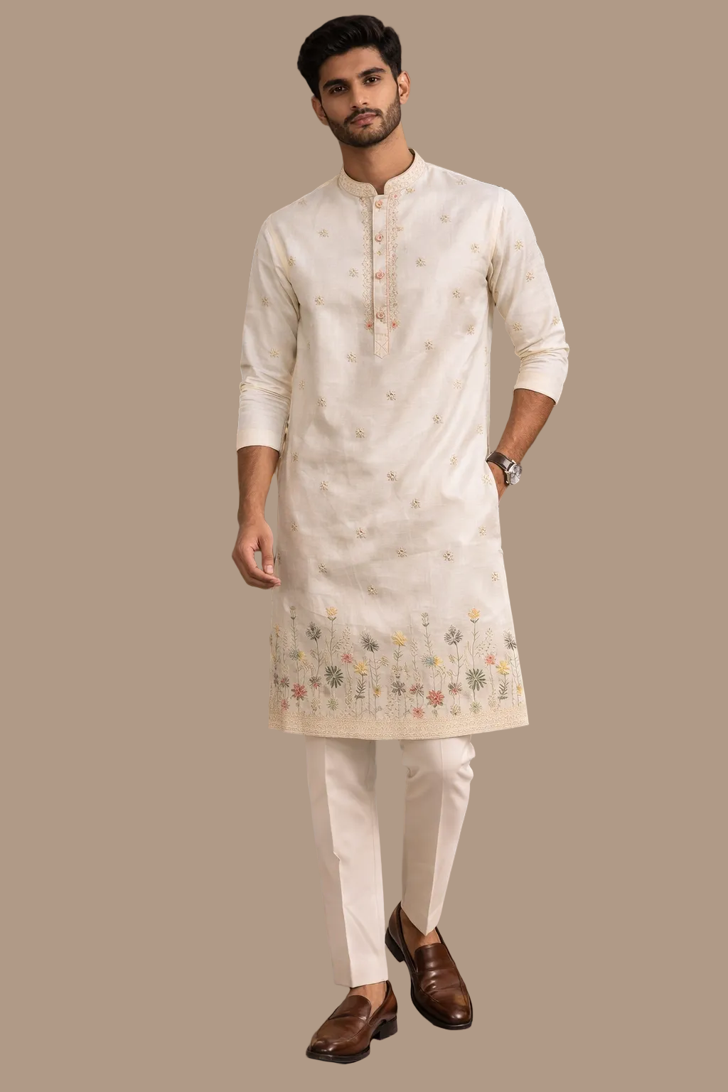 Elegant Cream Floral Border Straight Kurta Set