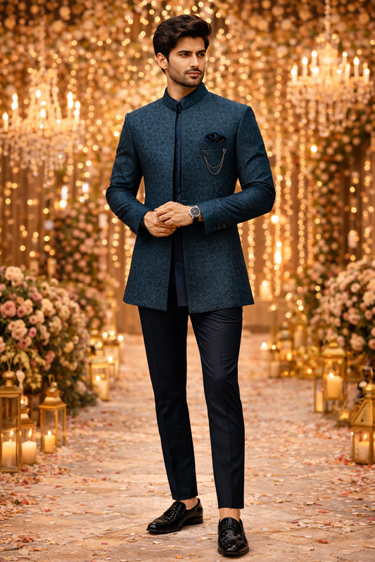Men’s Teal Blue Jacquard Self-Patterned Indo-Western Sherwani