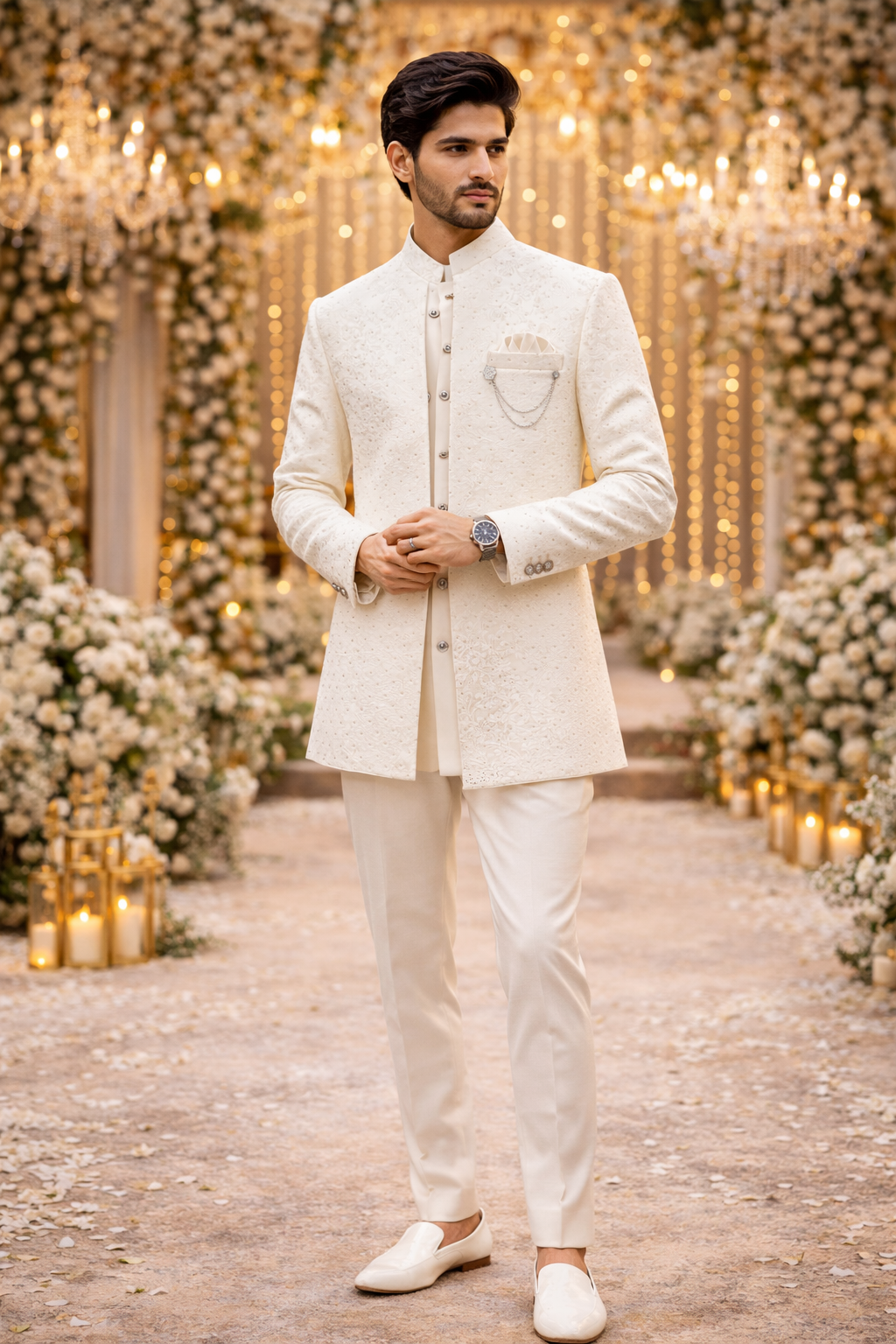 Men’s Off-White Jacquard Self-Patterned Indo-Western Sherwani