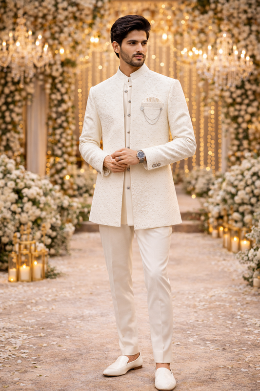 Men’s Off-White Jacquard Self-Patterned Indo-Western Sherwani